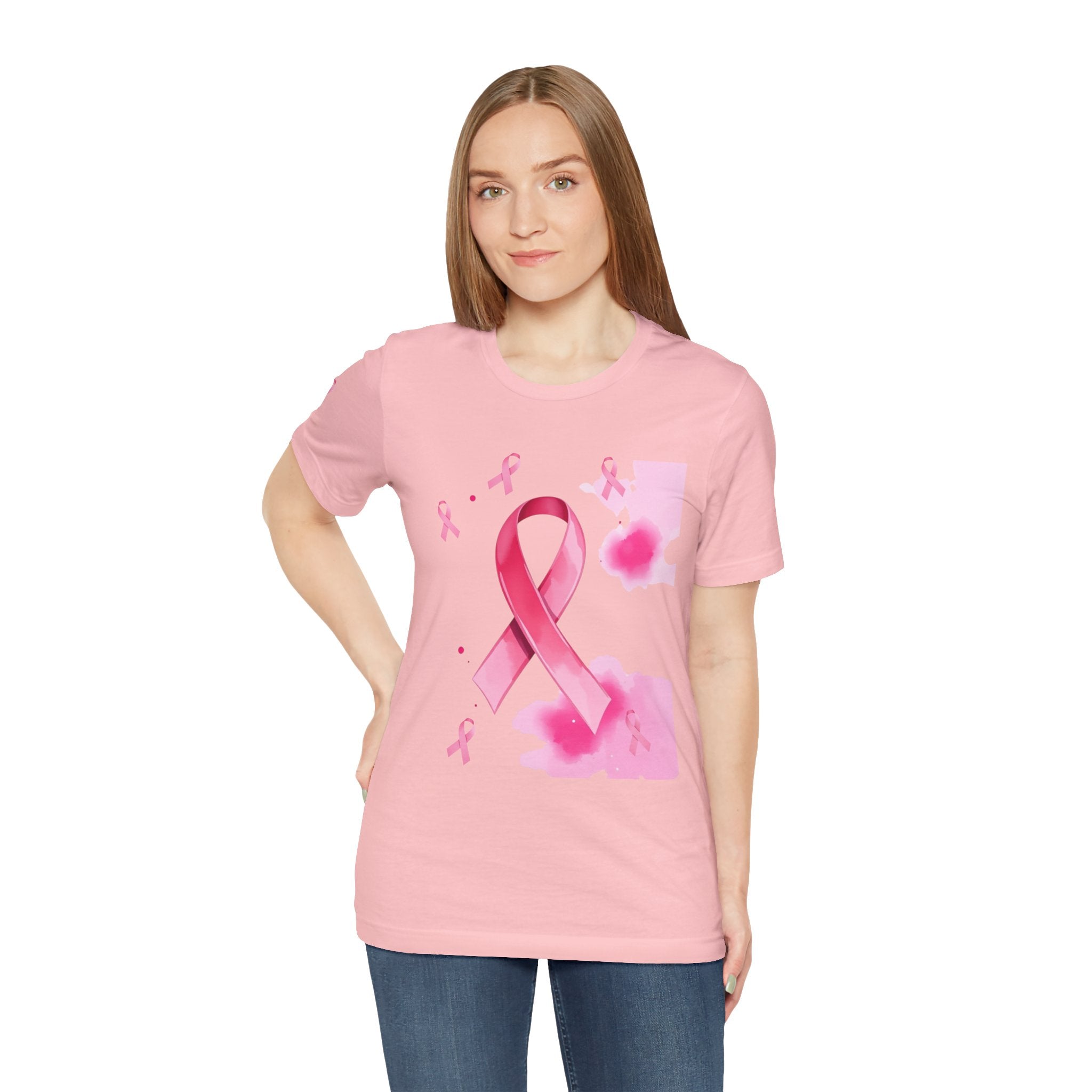 Breast Cancer Awareness Tee - Unisex Jersey Short Sleeve Shirt with Pink Ribbon Design