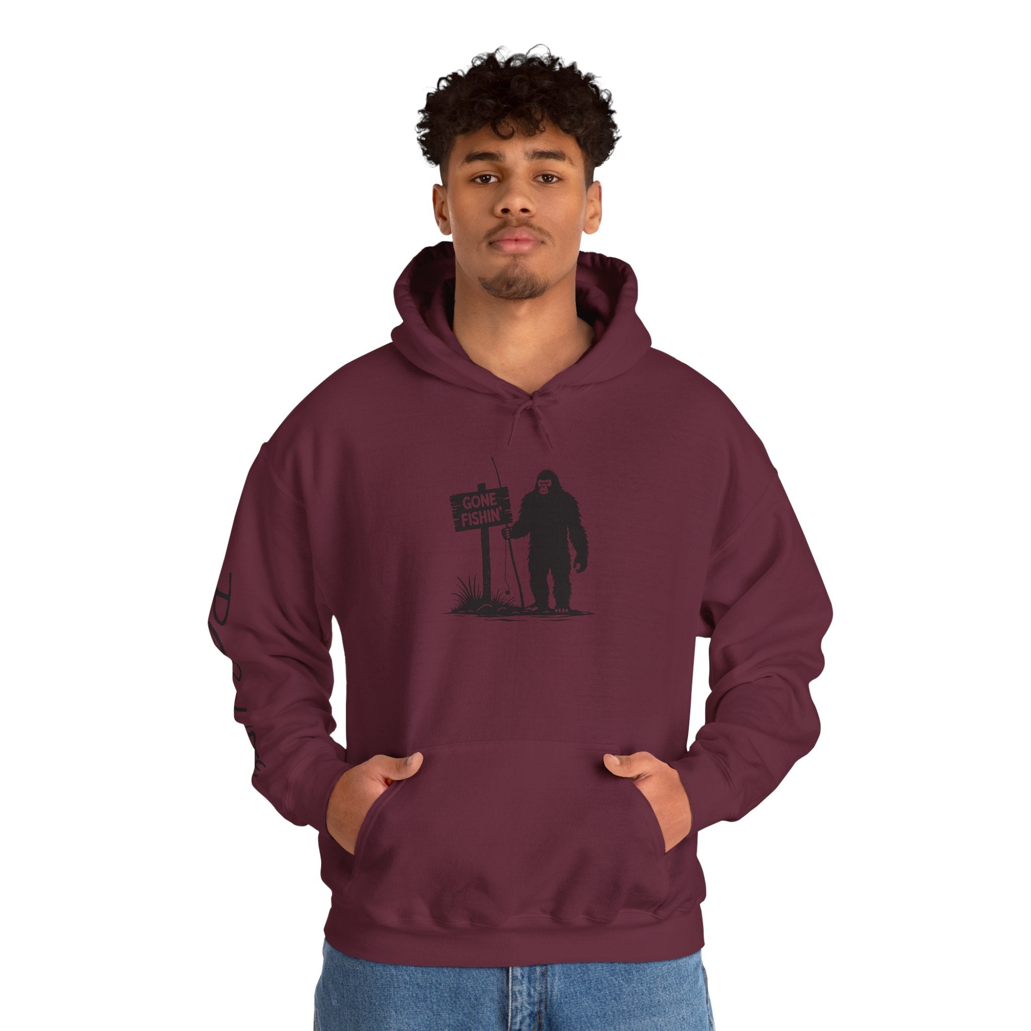 Gone Fishin' Bigfoot Hoodie - Unisex Heavy Blend™ Sweatshirt for Nature Lovers