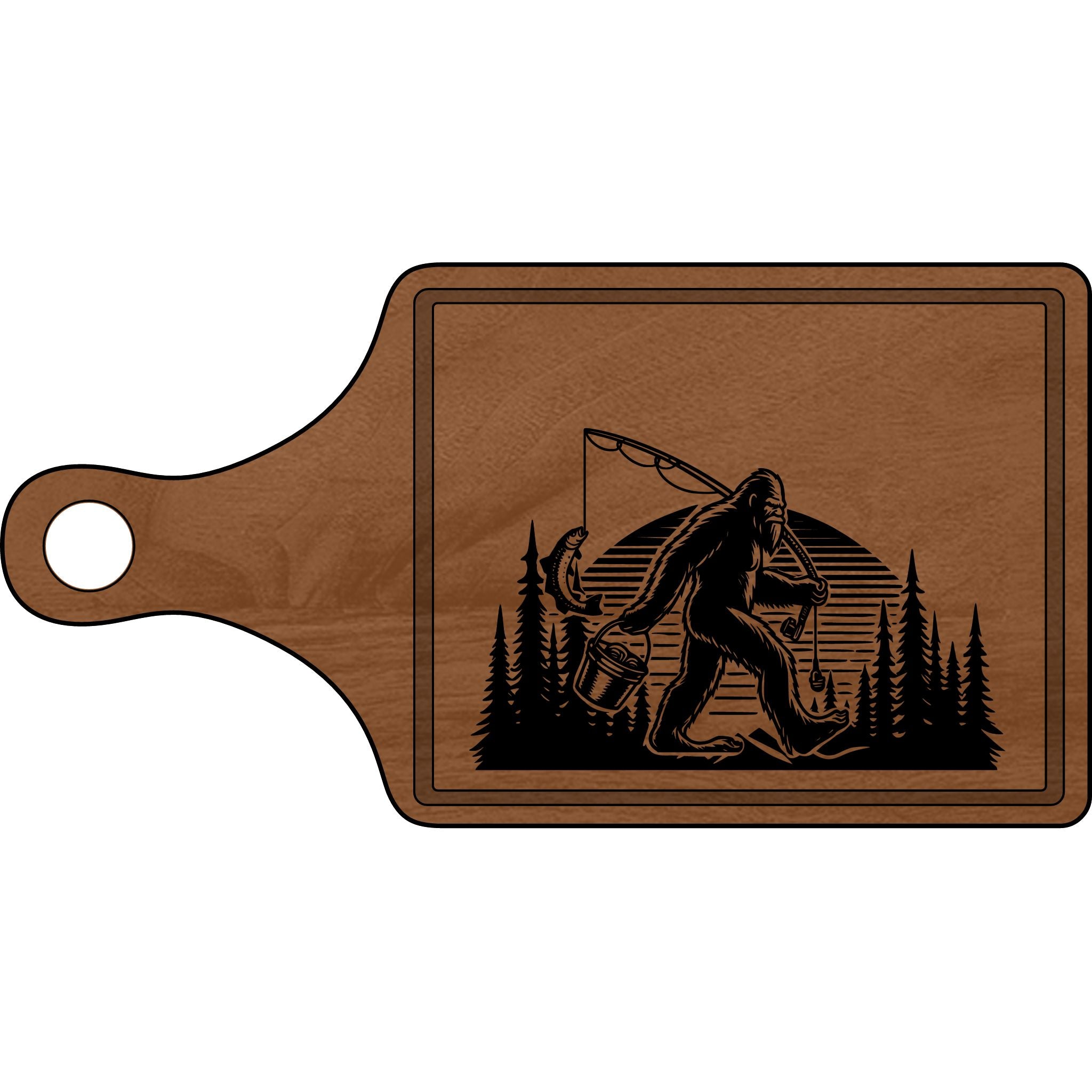 Engraved Wooden Cutting Board - Bigfoot Fishing Design
