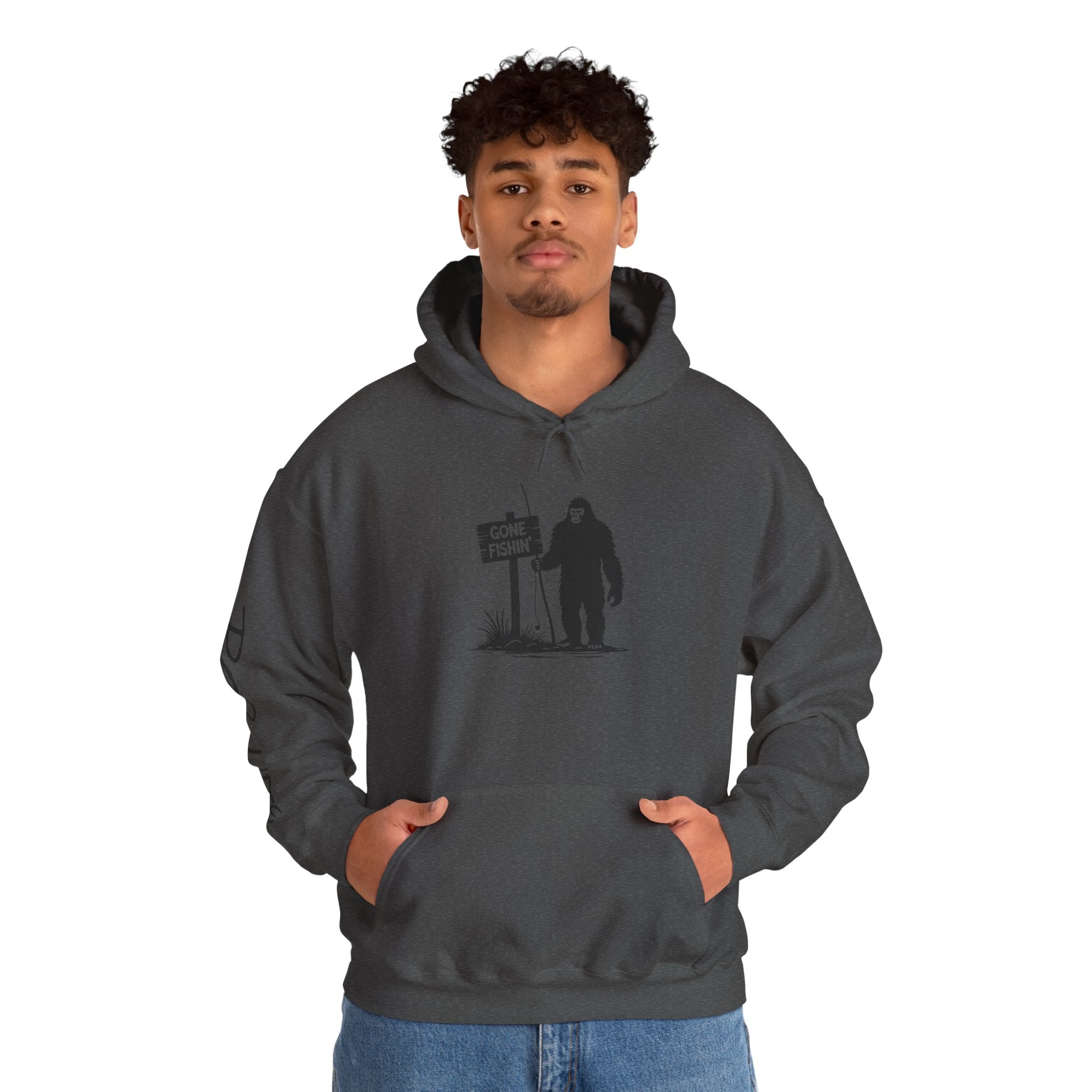 Gone Fishin' Bigfoot Hoodie - Unisex Heavy Blend™ Sweatshirt for Nature Lovers