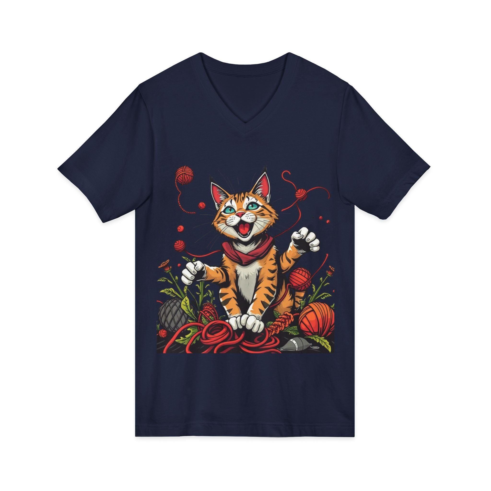 Cat Lover's V-Neck Tee with Playful Design