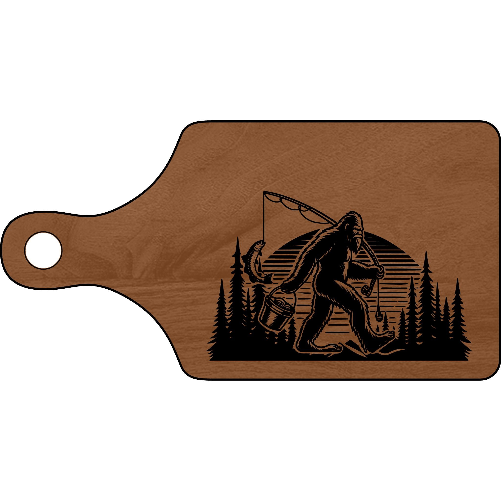 Engraved Wooden Cutting Board - Bigfoot Fishing Design