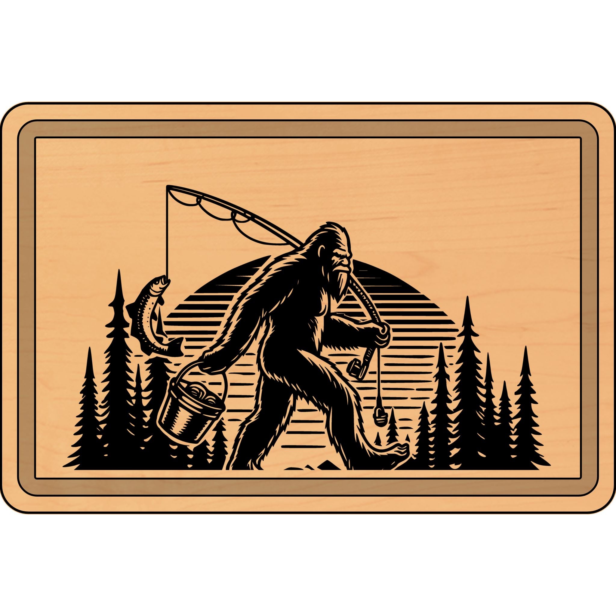 Engraved Wooden Cutting Board - Bigfoot Fishing Design