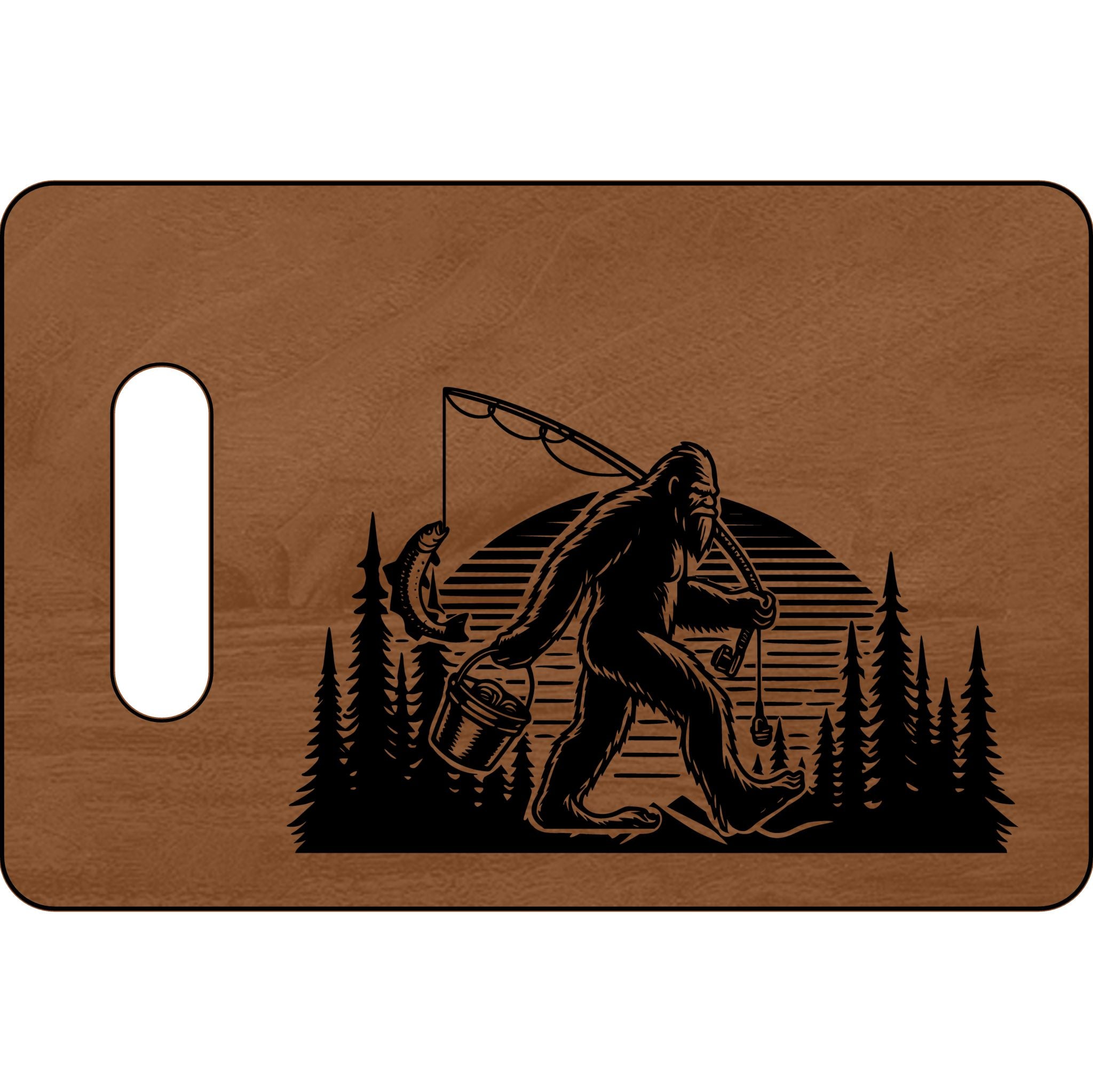 Engraved Wooden Cutting Board - Bigfoot Fishing Design
