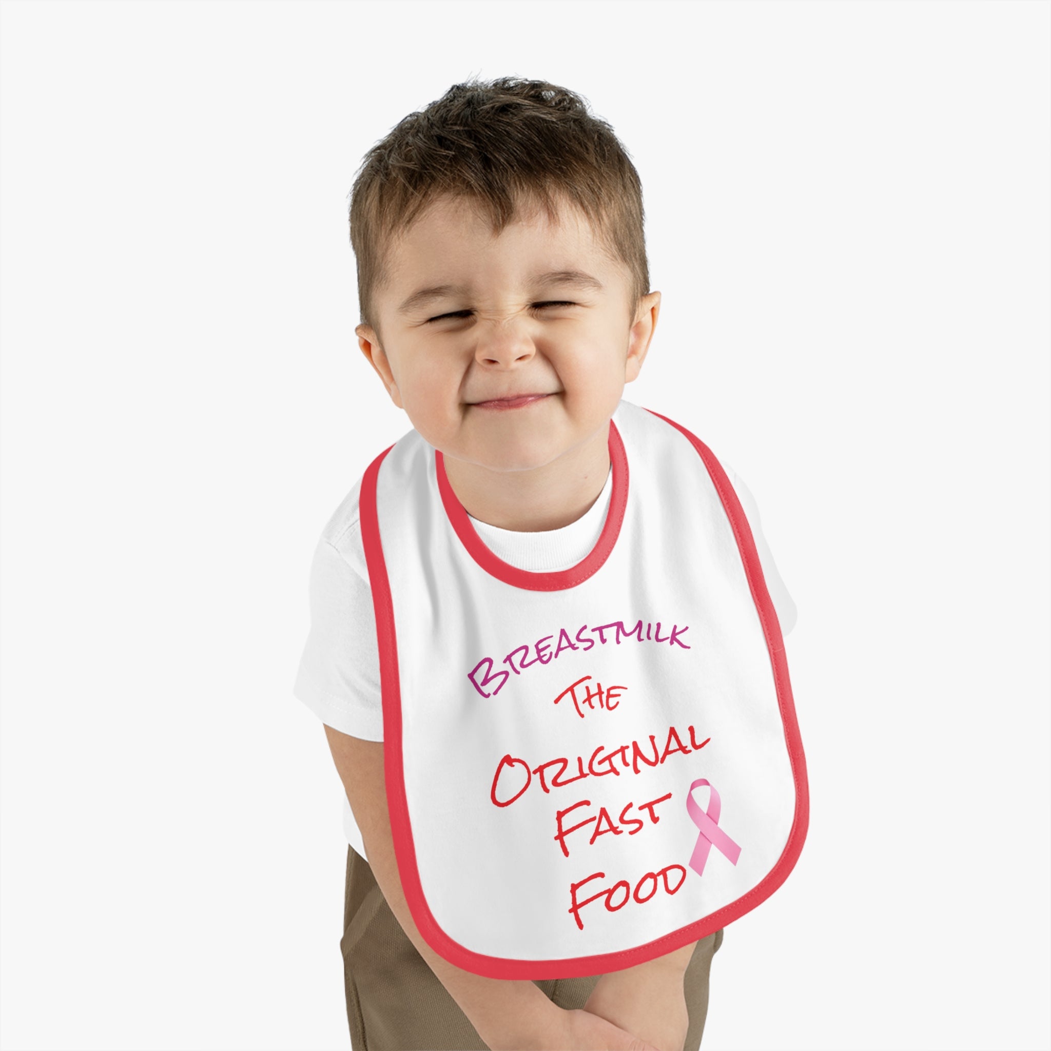 Cute Baby Bib - "Breastmilk: The Original Fast Food" with Contrast Trim