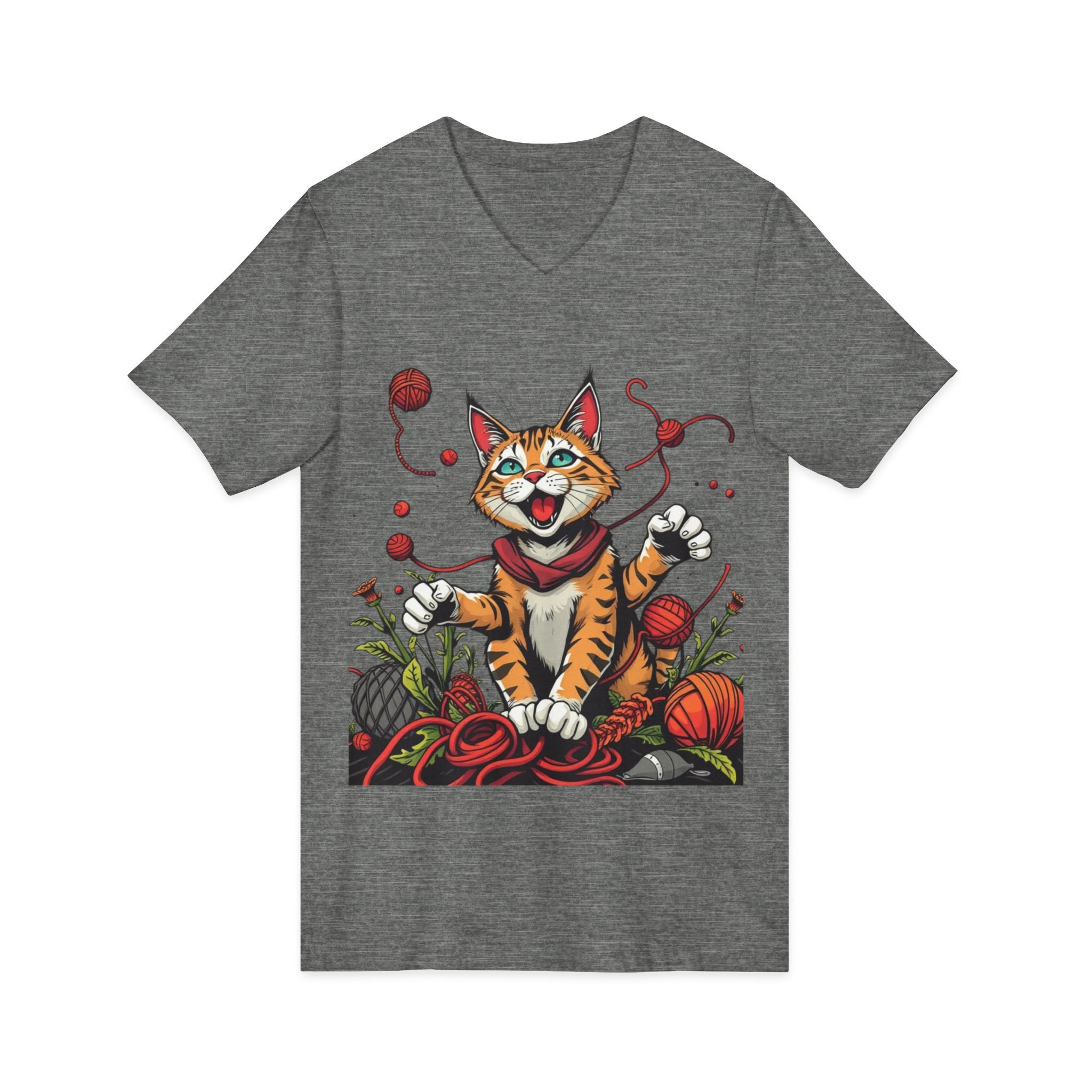Cat Lover's V-Neck Tee with Playful Design