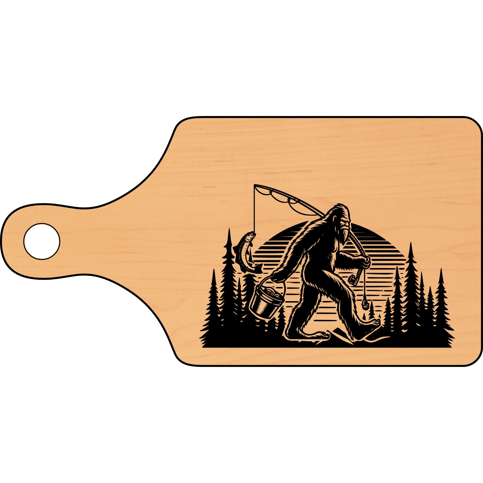 Engraved Wooden Cutting Board - Bigfoot Fishing Design
