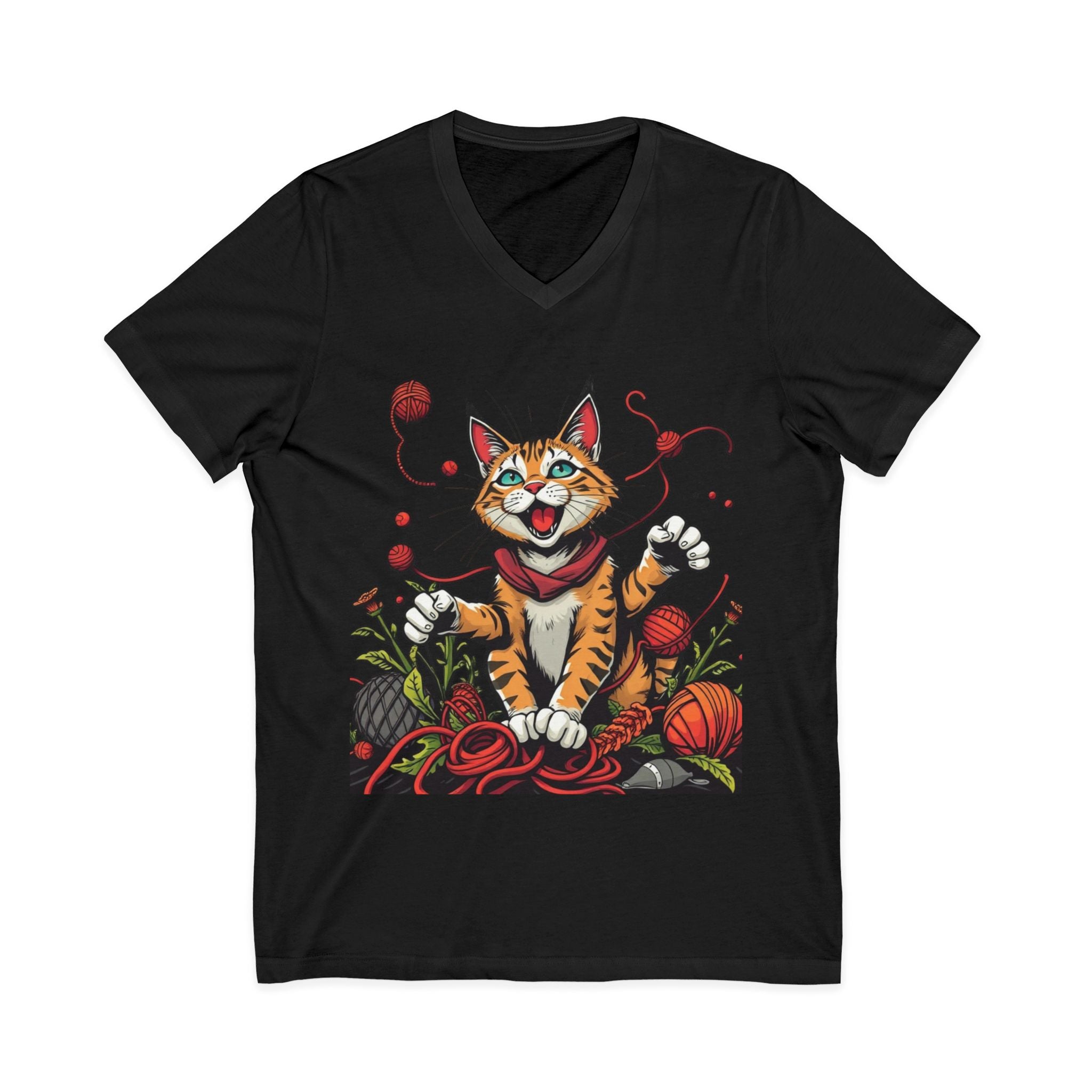 Cat Lover's V-Neck Tee with Playful Design