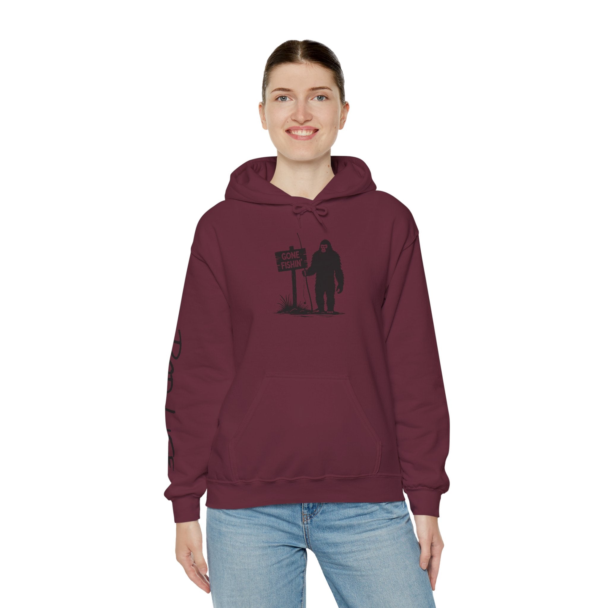 Gone Fishin' Bigfoot Hoodie - Unisex Heavy Blend™ Sweatshirt for Nature Lovers