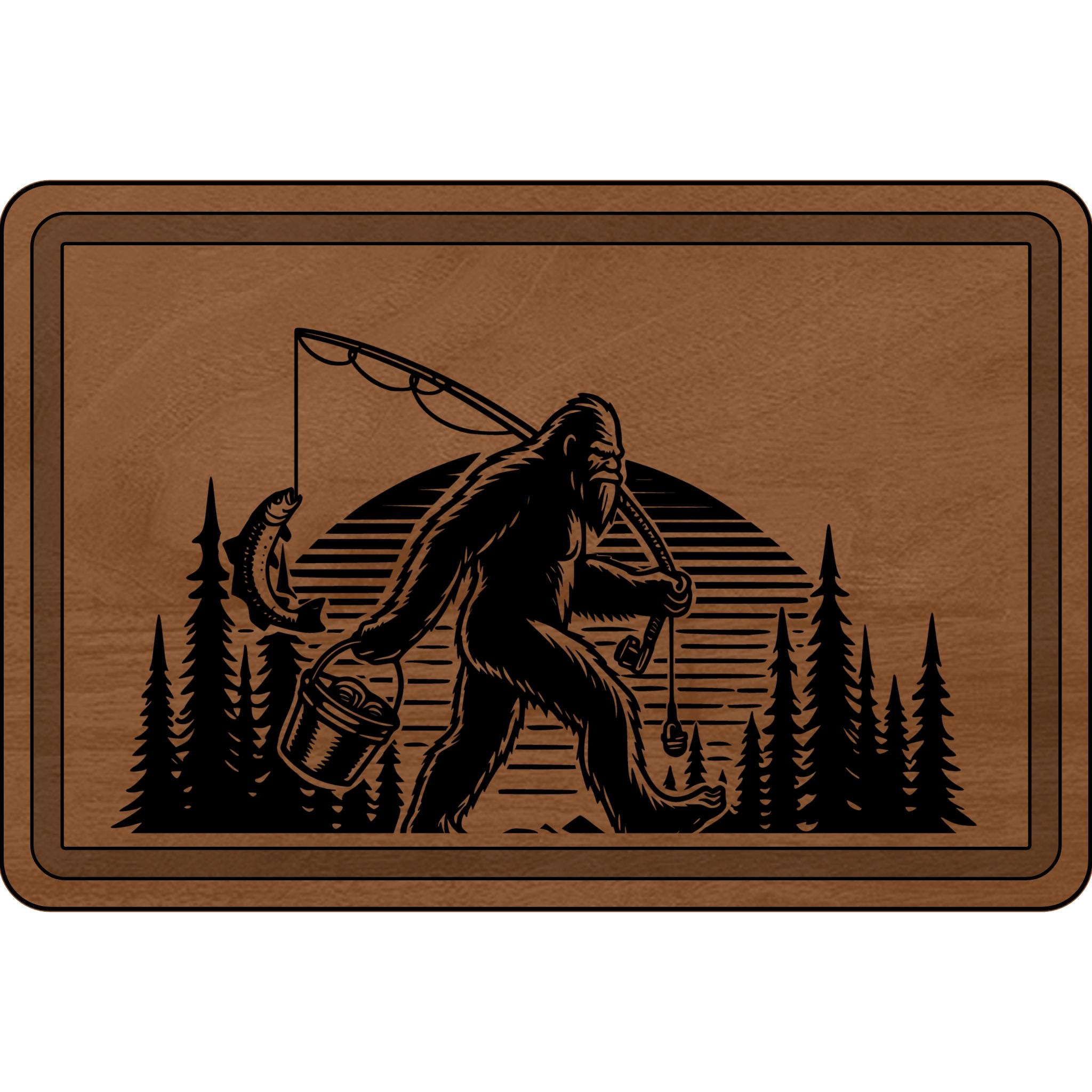 Engraved Wooden Cutting Board - Bigfoot Fishing Design