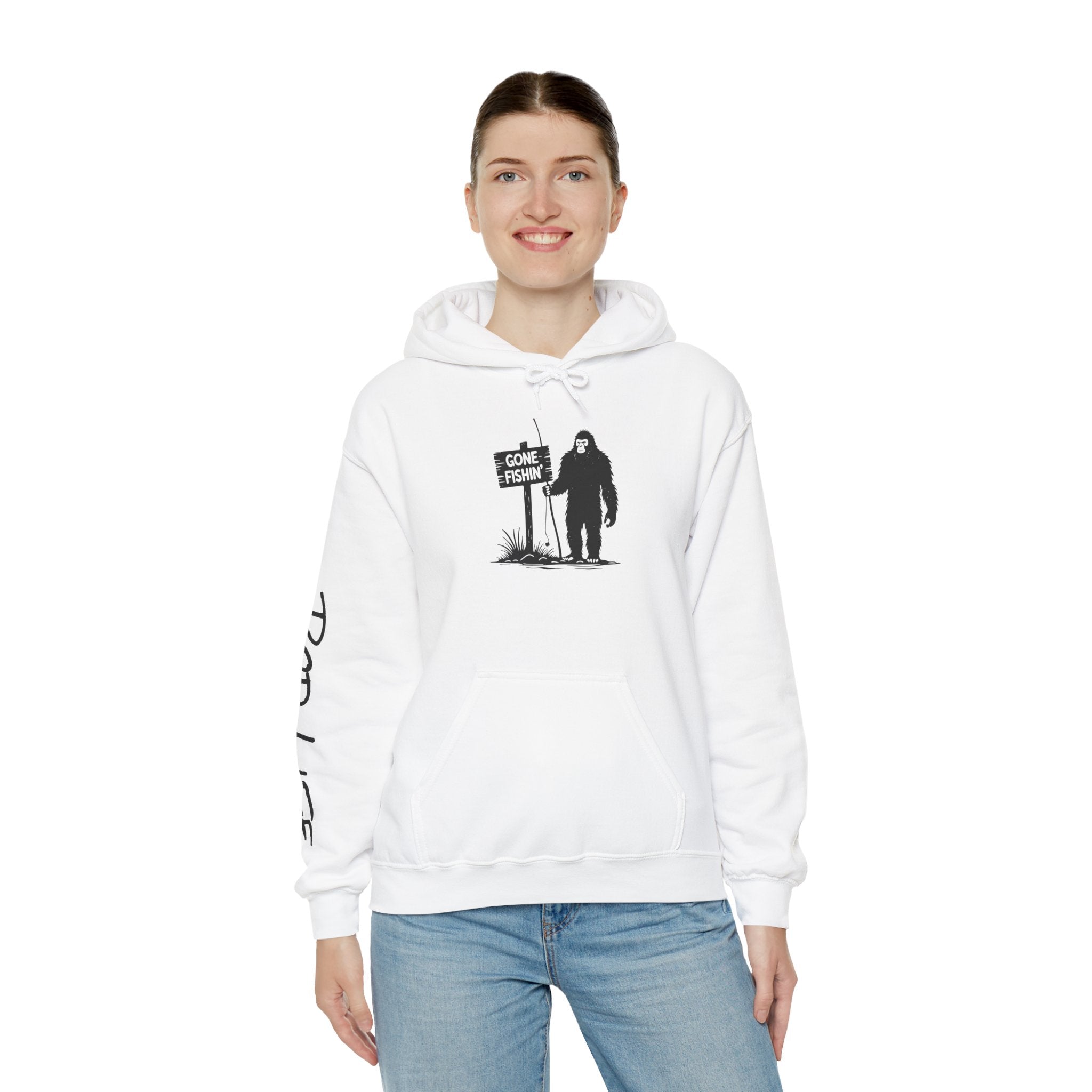 Gone Fishin' Bigfoot Hoodie - Unisex Heavy Blend™ Sweatshirt for Nature Lovers