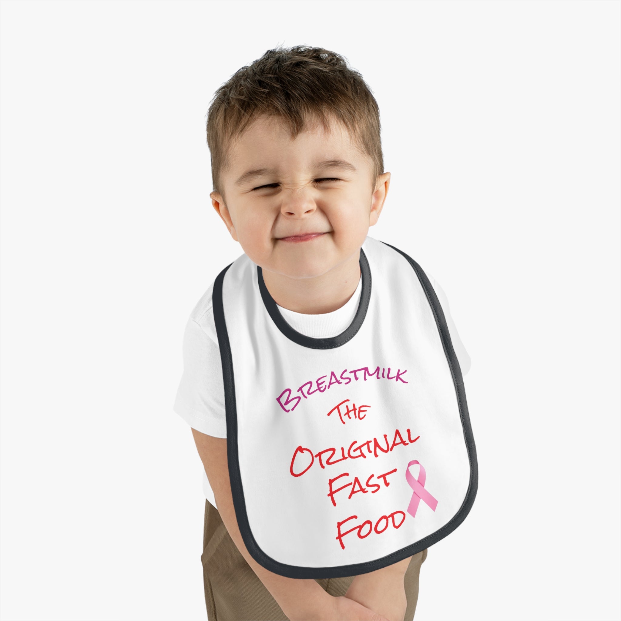 Cute Baby Bib - "Breastmilk: The Original Fast Food" with Contrast Trim