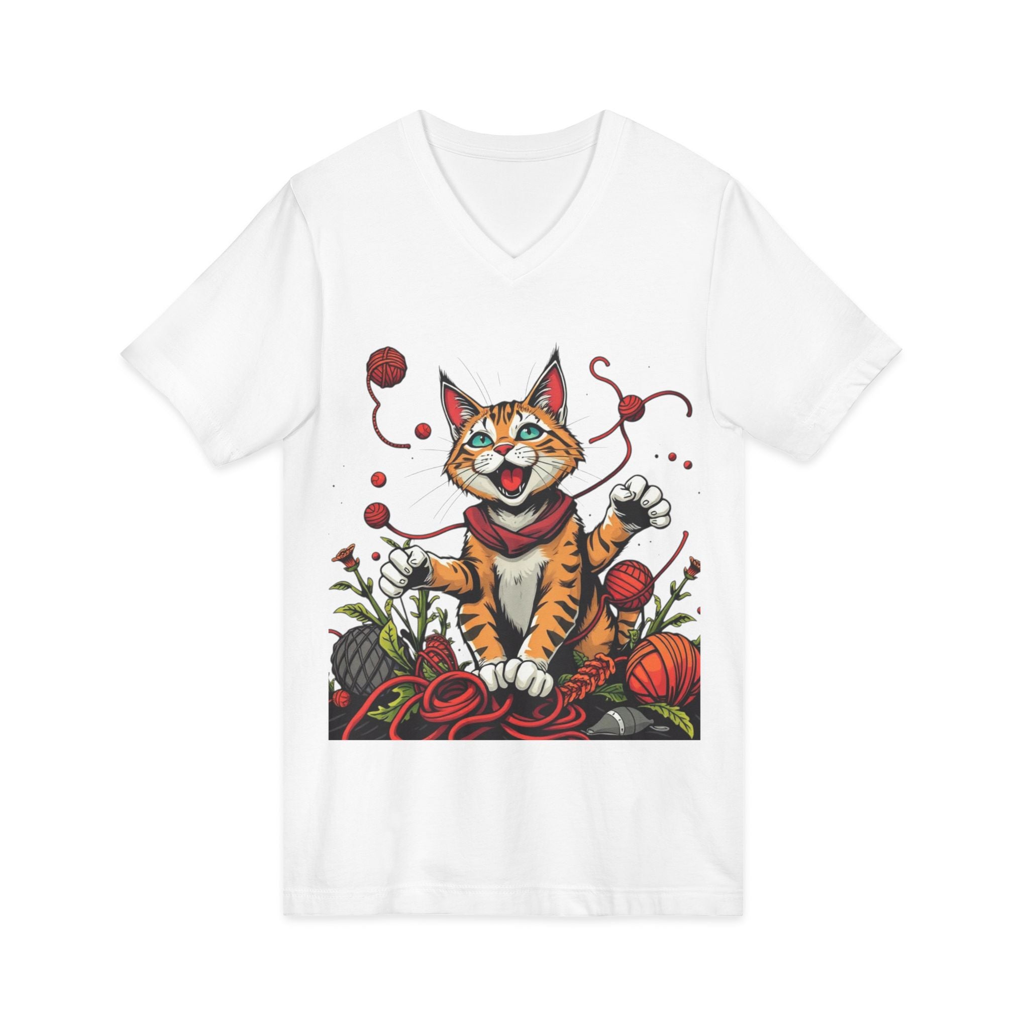 Cat Lover's V-Neck Tee with Playful Design