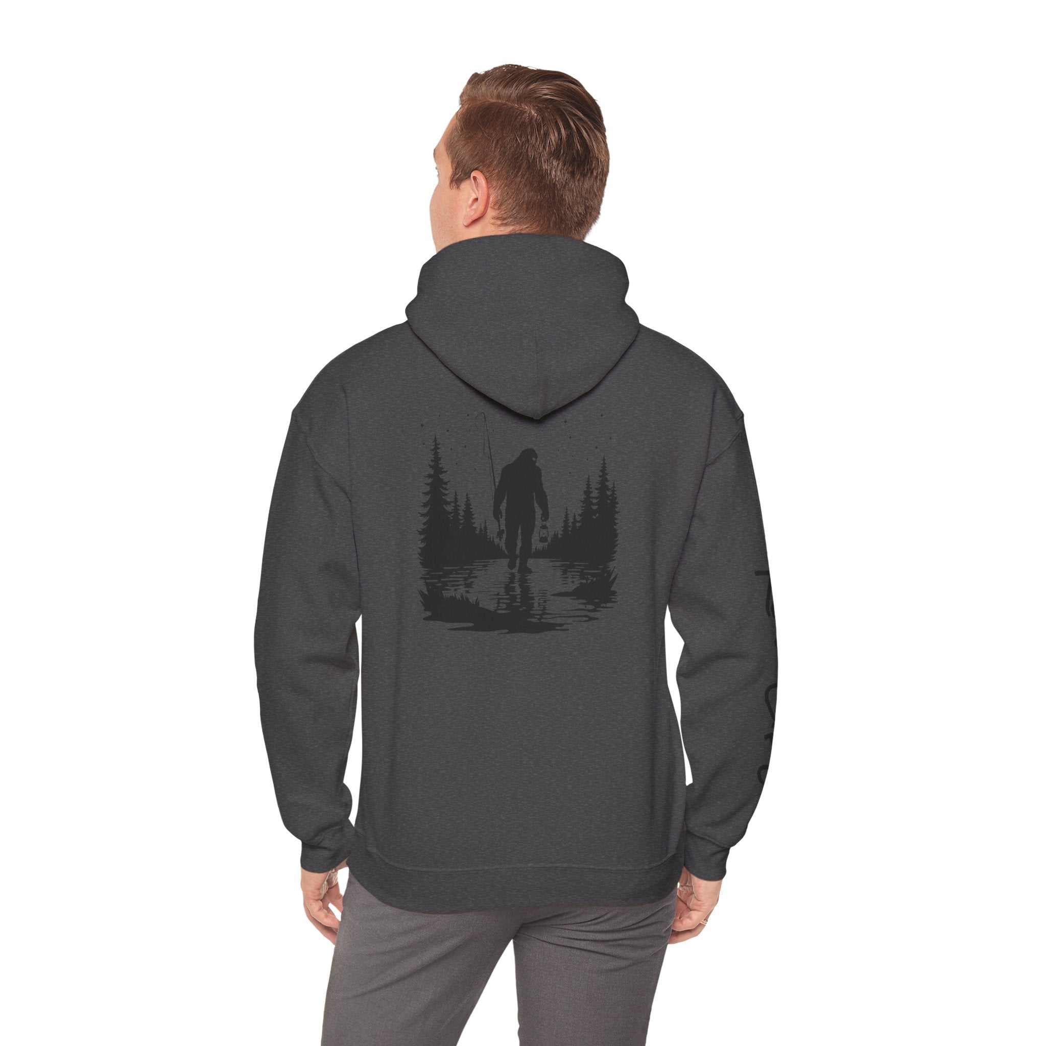 Gone Fishin' Bigfoot Hoodie - Unisex Heavy Blend™ Sweatshirt for Nature Lovers