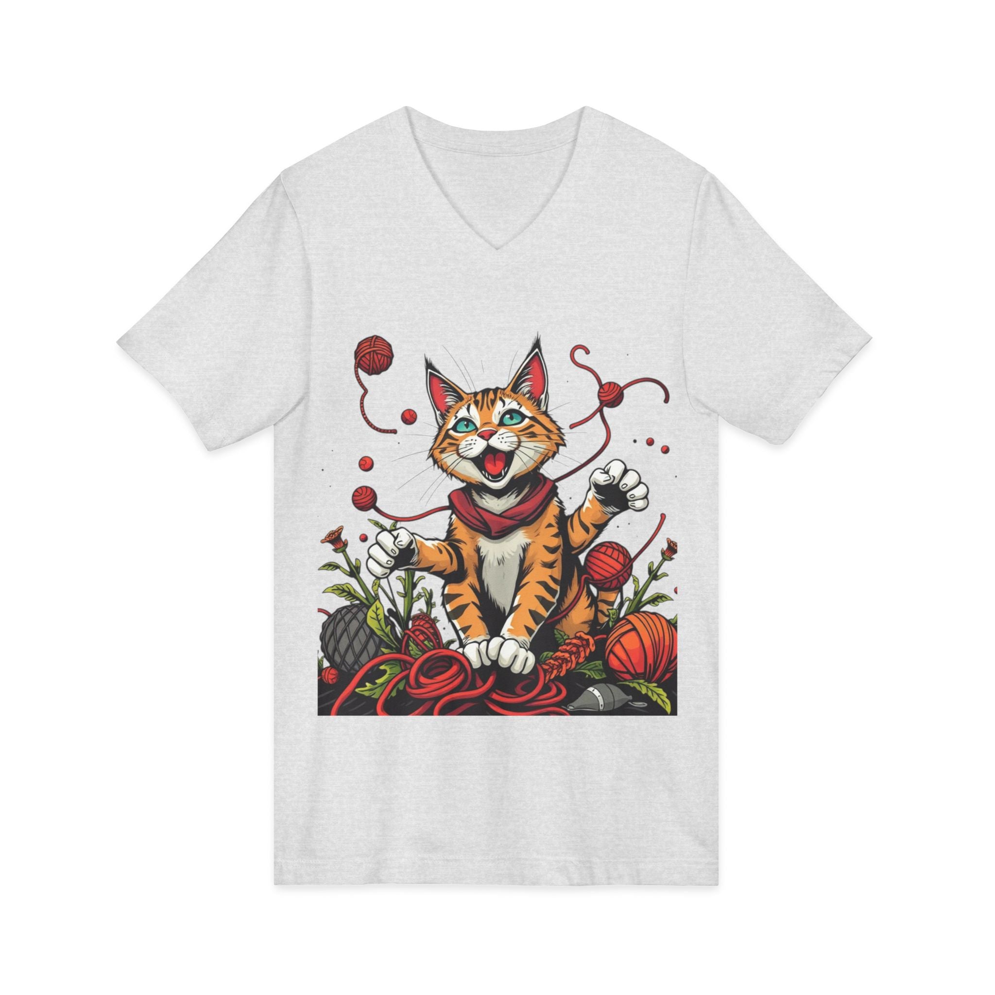 Cat Lover's V-Neck Tee with Playful Design
