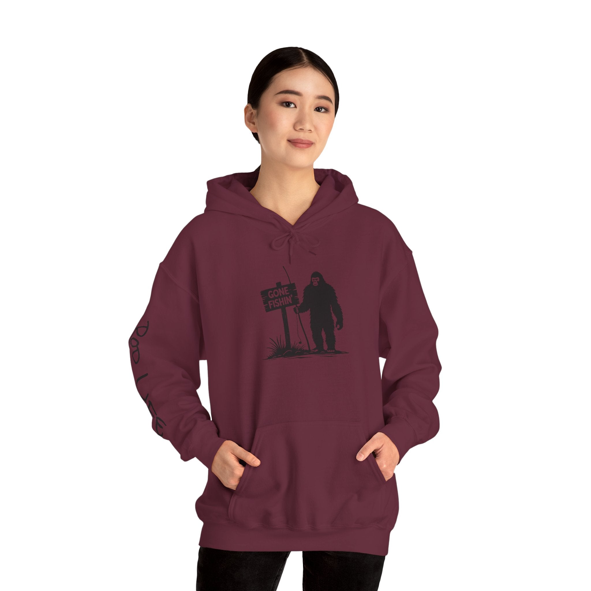 Gone Fishin' Bigfoot Hoodie - Unisex Heavy Blend™ Sweatshirt for Nature Lovers