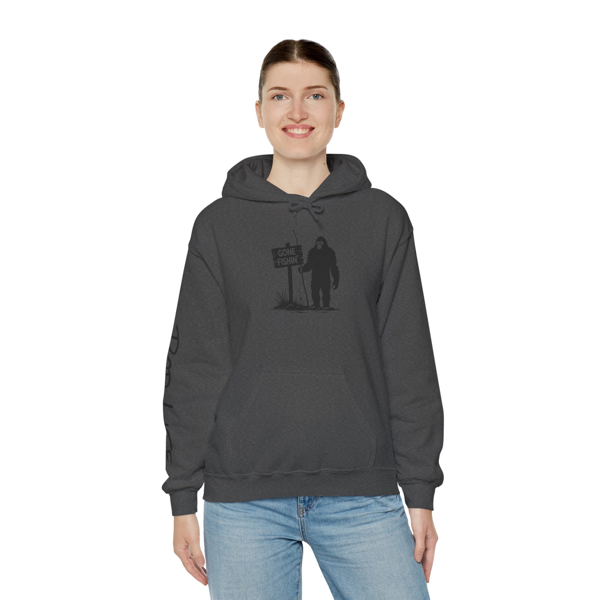 Gone Fishin' Bigfoot Hoodie - Unisex Heavy Blend™ Sweatshirt for Nature Lovers