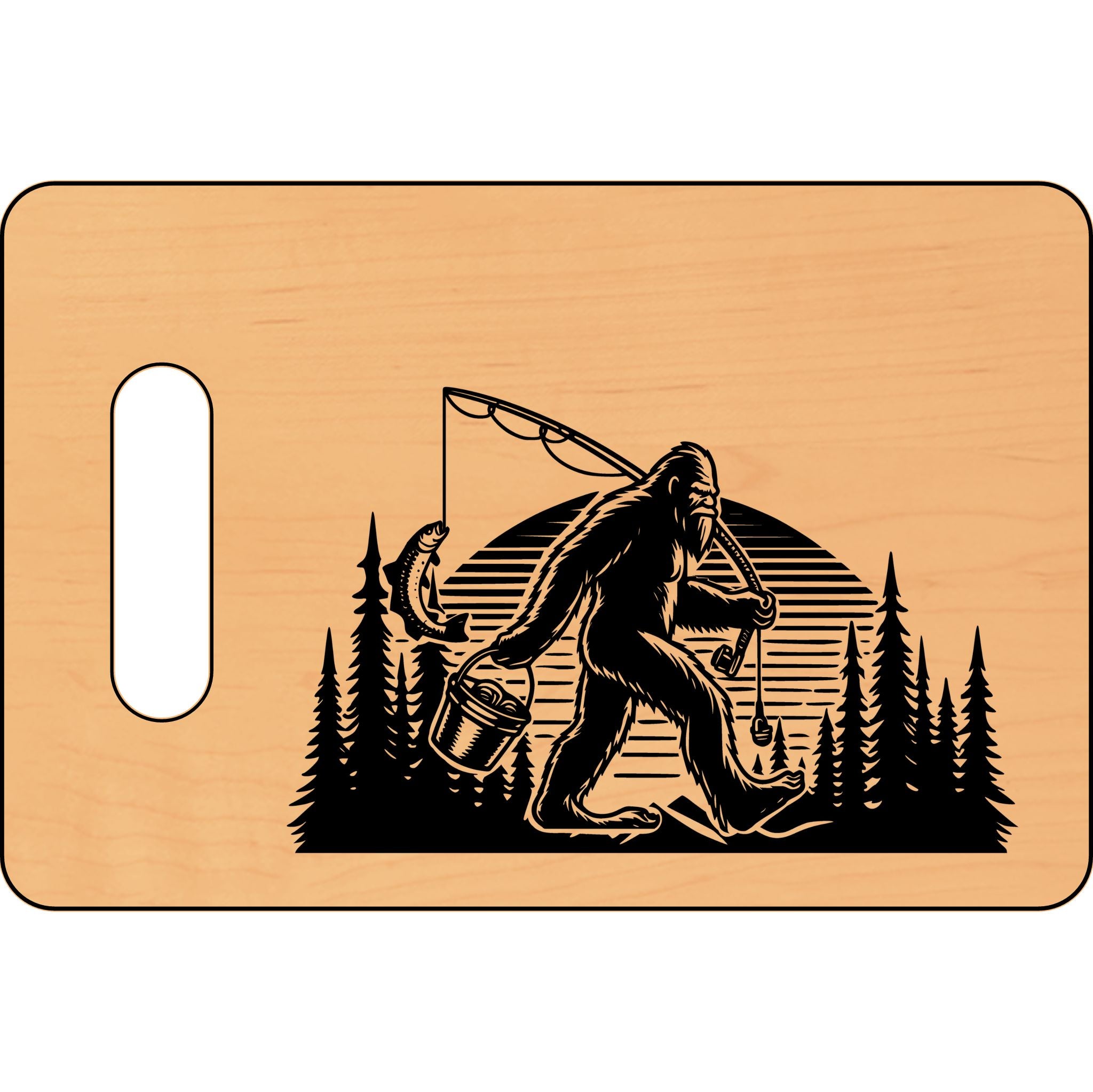 Engraved Wooden Cutting Board - Bigfoot Fishing Design