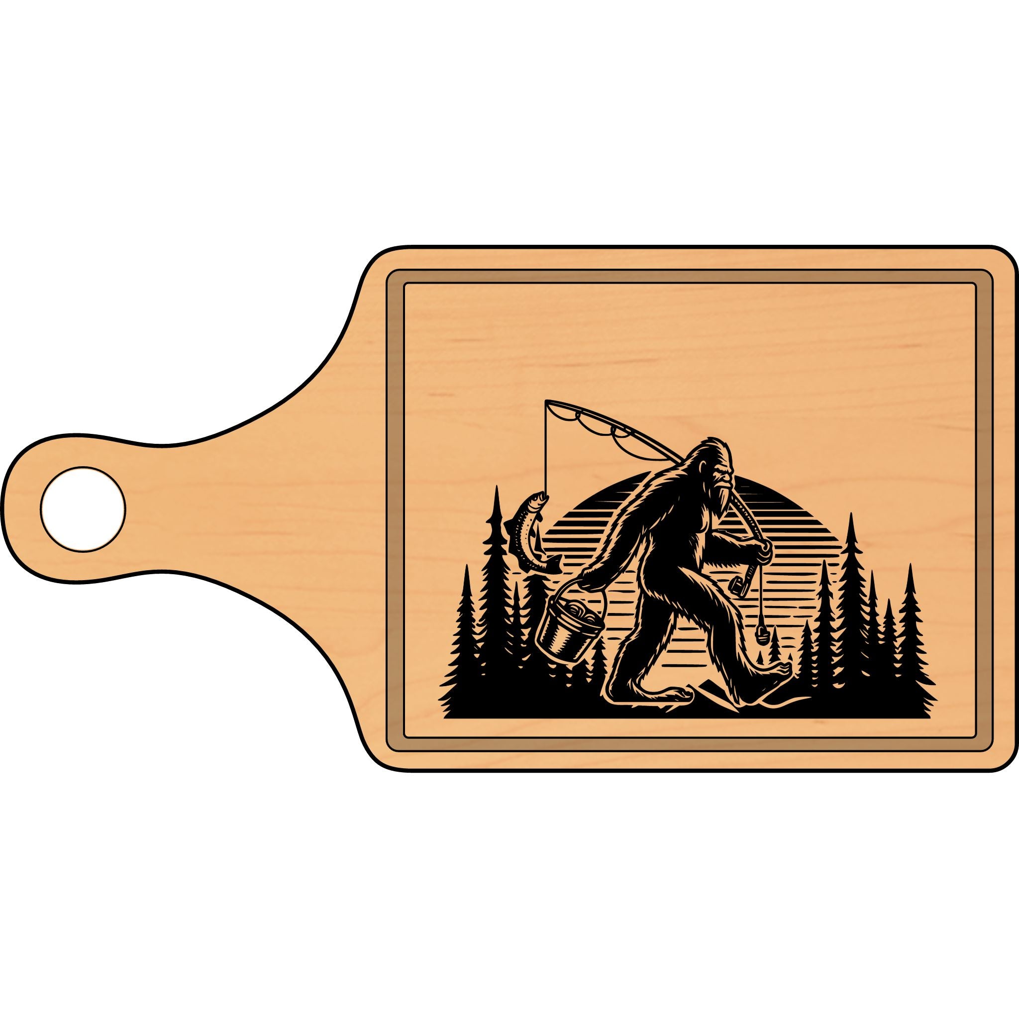Engraved Wooden Cutting Board - Bigfoot Fishing Design