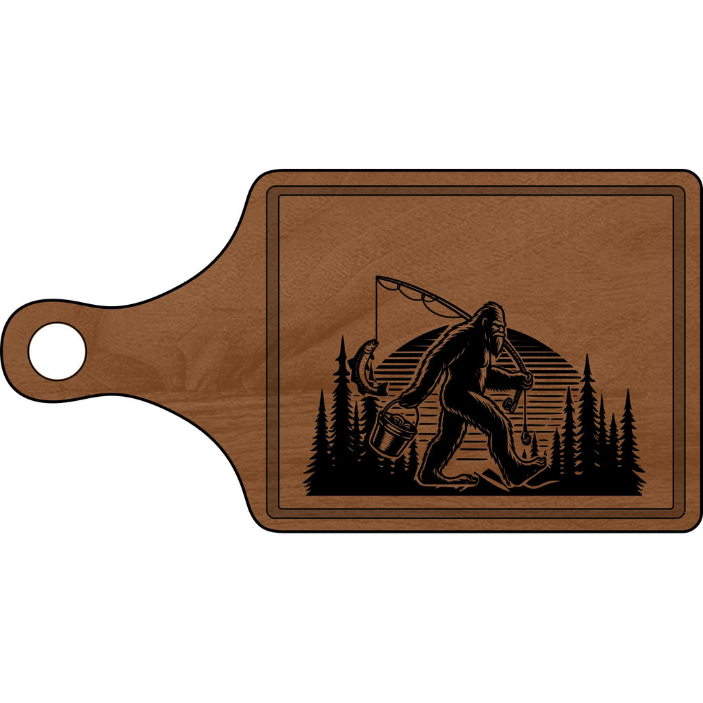 Engraved Wooden Cutting Board - Bigfoot Fishing Design